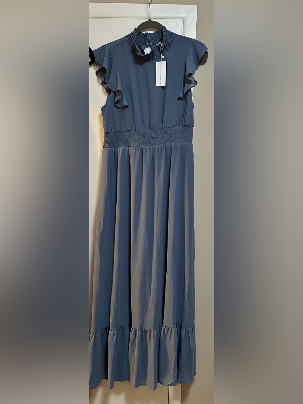 Baltic Born Blue Ruffle Midi Dress with Smocked Waist